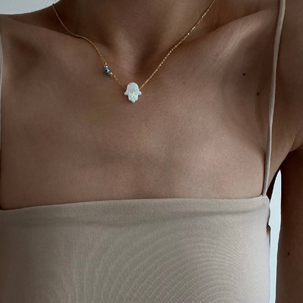 Kardelen Fatimas Hand Opal kette mit Nazar White - 925 SILBER Saisonale Angebote