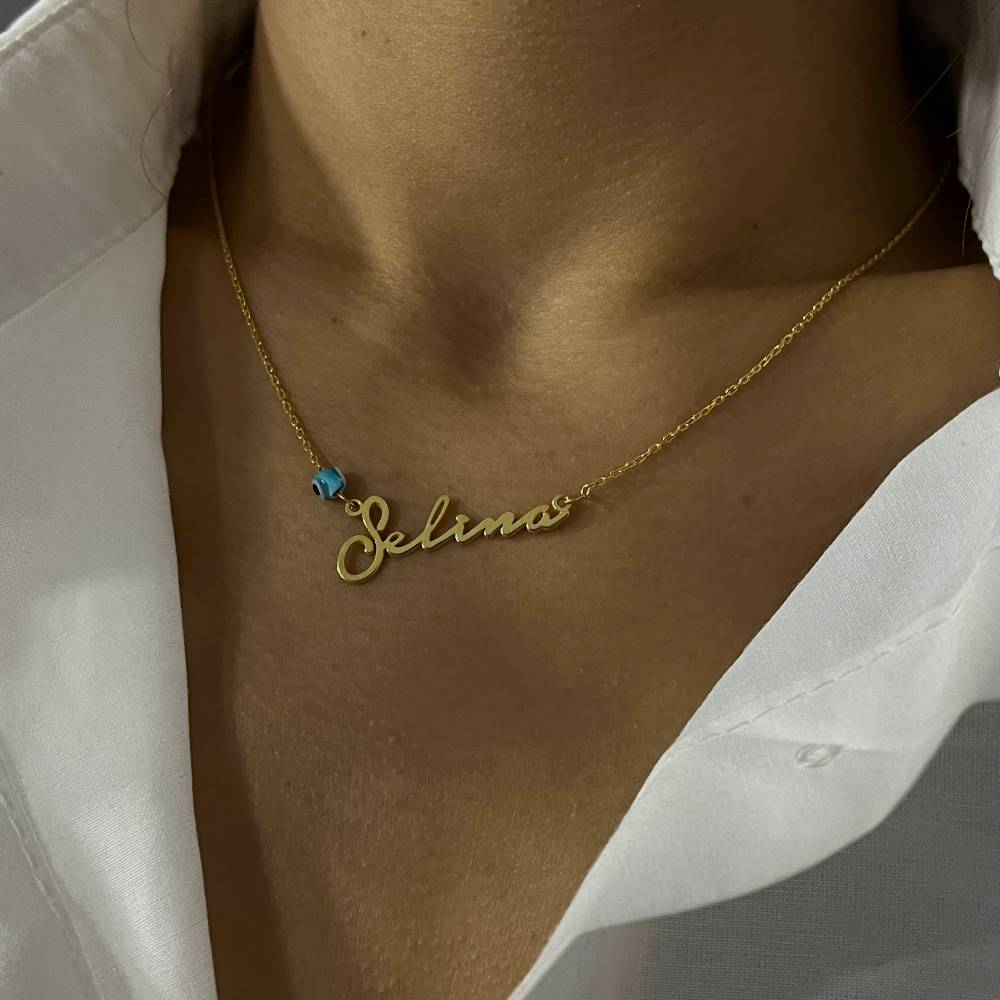 Kardelen Signatur Kette - Waagerecht mit Blaue Nazar Auge - 925 SILBER Riesige Ersparnisse