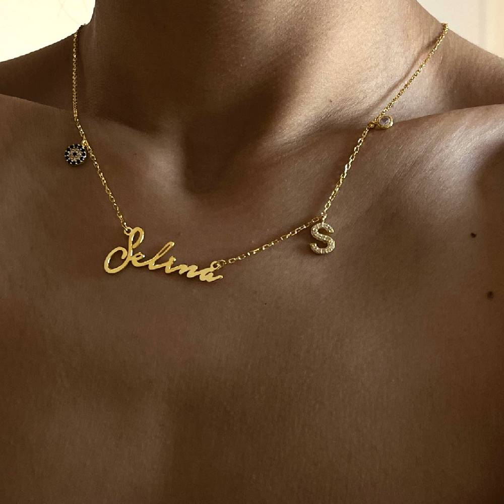 Kardelen Namenskette Notera mit Initial und Nazar - 925 SILBER Super Sparpreis