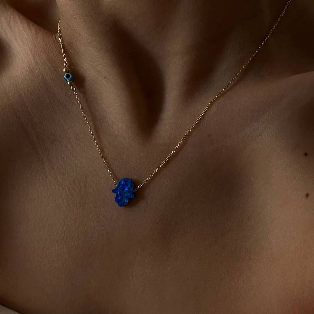 Kardelen Fatimas Hand Opal Kette mit Nazar Augenkette Dunkelblau - 925 SILBER zollfrei