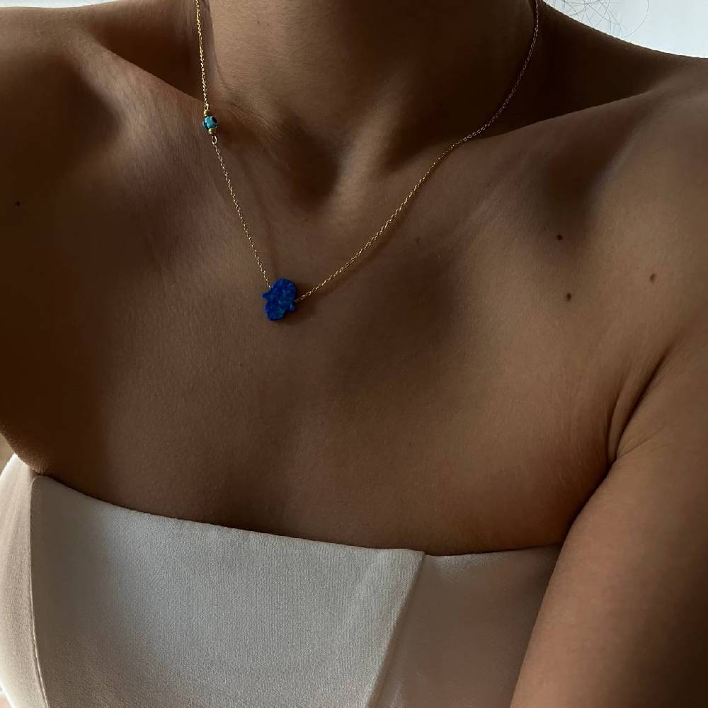 Kardelen Fatimas Hand Opal Kette mit Nazar Augenkette Dunkelblau - 925 SILBER zollfrei