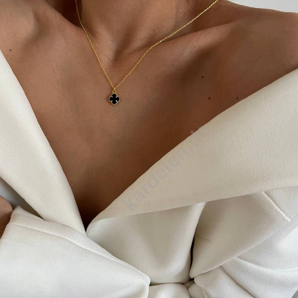 Kardelen 14K GOLD KLEE SCHWARZE HALSKETTE Super Sparpreis