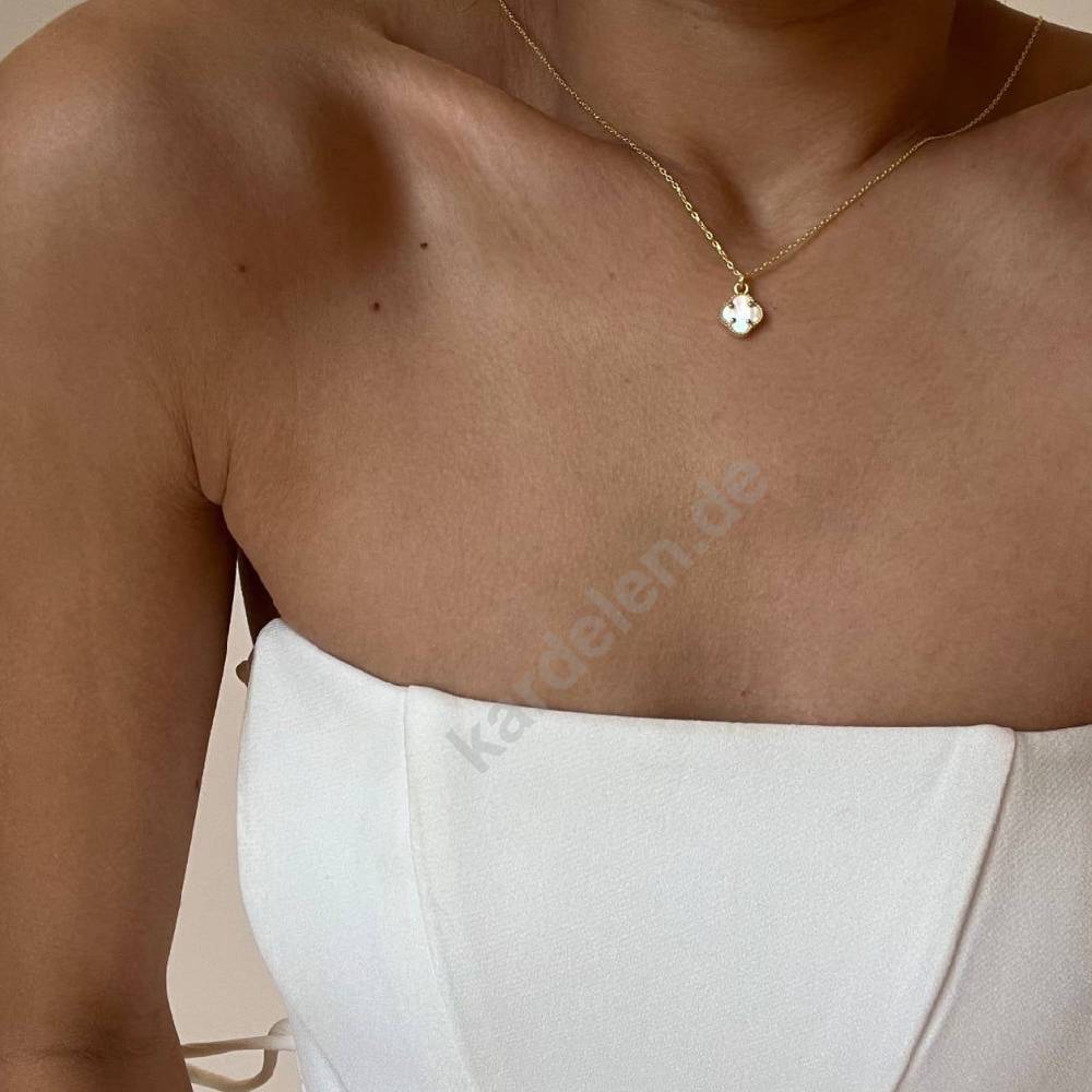Kardelen 14K GOLD KLEE WEISSE HALSKETTE Letzte 3 Tage