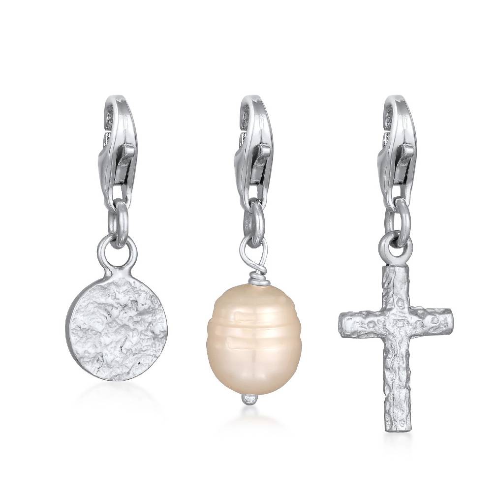 Kuzzoi Charm-Set Kreuz Plättchen Perle | Süßwasserzuchtperle Sonderangebot