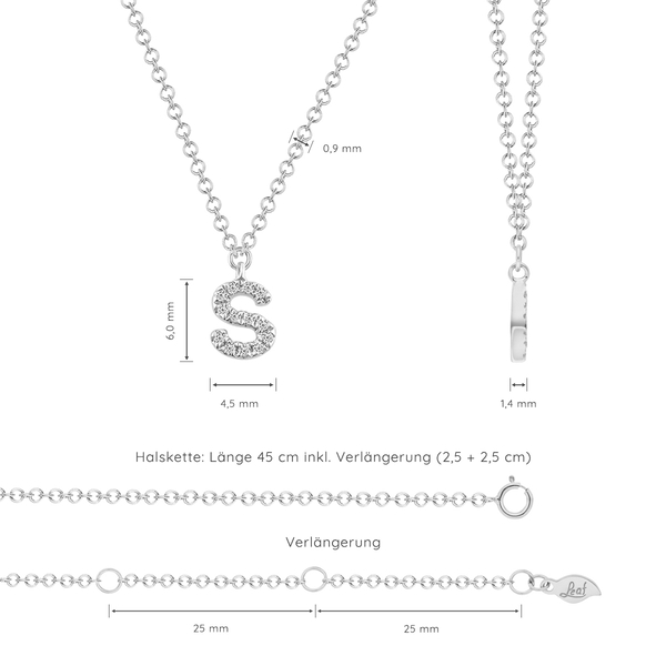 Leaf Jewelry Halskette Letter "S", 14 K Weißgold mit Diamanten Räumungsverkauf