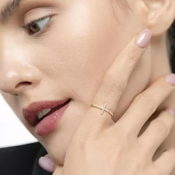 Leaf Jewelry Ring Kreuz mit Diamanten, 18 K Gelbgold Sonderangebot der Fabrik