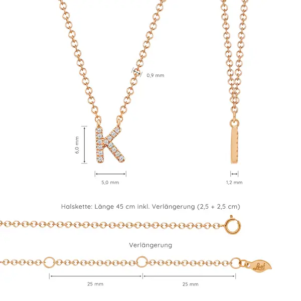 Leaf Jewelry Halskette Letter "K", 14 K Rosegold mit Diamanten Speichern exportieren