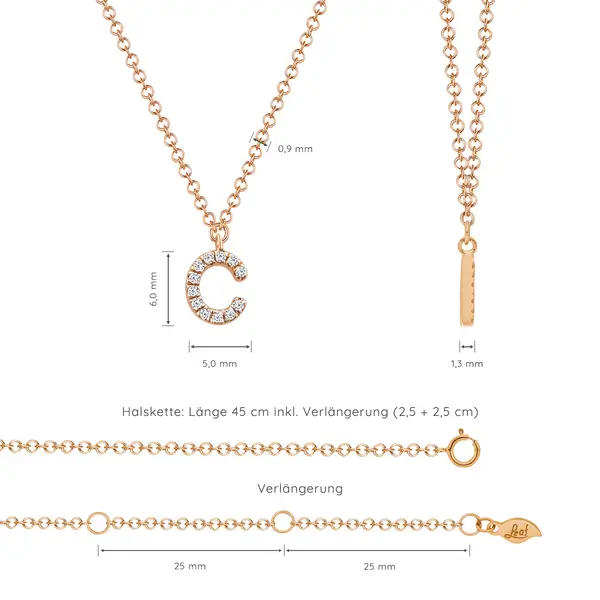 Leaf Jewelry Halskette Letter "C", 14 K Rosegold mit Diamanten Lagerräumung
