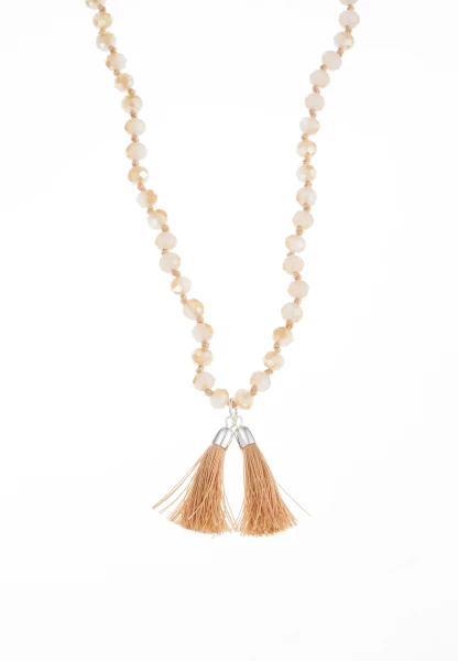 Leslii Lange Kette Tassel Glasperlen Edelstahl Silber Beige Black Friday Preise