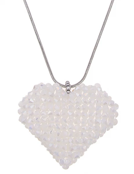 SALE! Leslii Damen-Kette Glasperlen Herz-Anhänger Heart lange Modeschmuck-Kette Silber Weiß Nur noch ein Tag übrig
