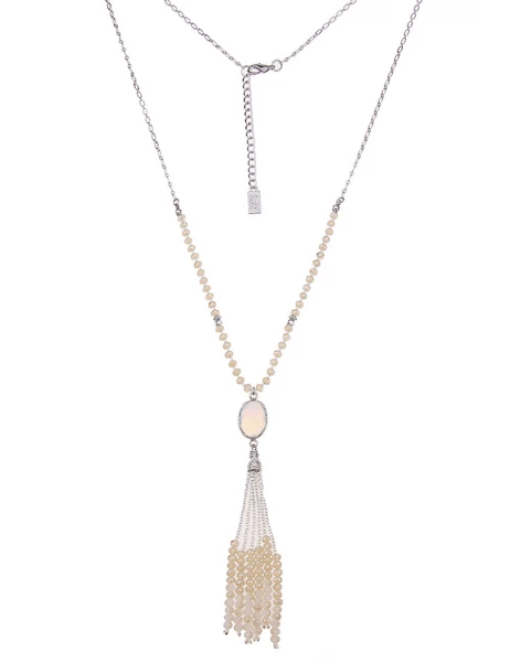 -50% SALE Leslii Lange Halskette Glasperlen-Bommel in Silber Beige Super Rabatt