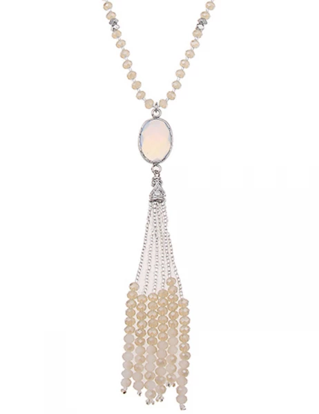 -50% SALE Leslii Lange Halskette Glasperlen-Bommel in Silber Beige Super Rabatt