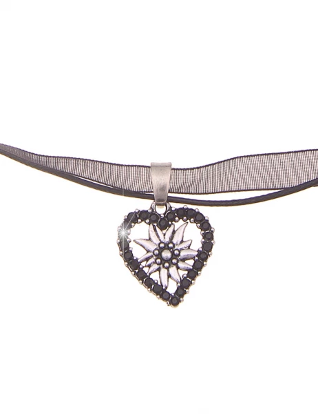 -50% SALE Leslii Damen-Kette Edelweiß Herz-Kette Dirndl Oktoberfest kurze Kette Modeschmuck Schwarz Exklusivangebot
