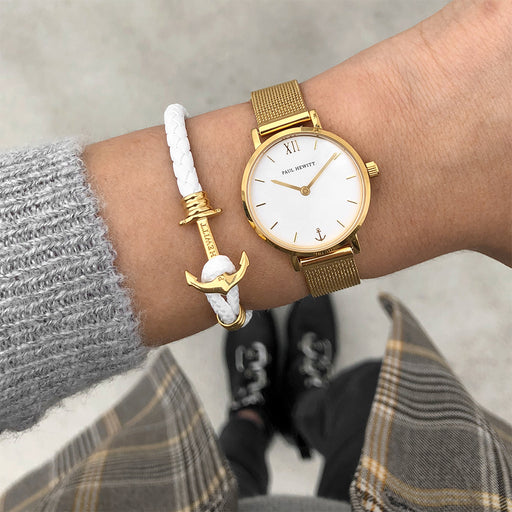 Paul Hewitt Ankerarmband Phrep Lite Gold Leder Weiß im Angebot