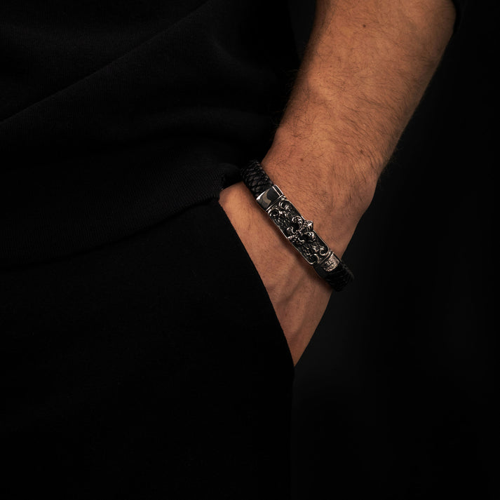 Save Brave Armband Zulu mit Fleur de Lys aus geflochtenem Leder & Edelstahl Kostenloser Versand international