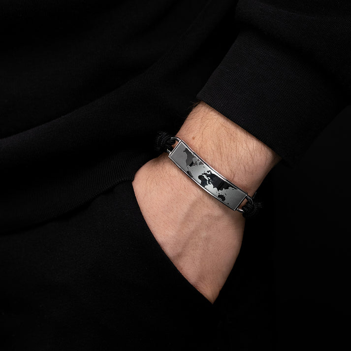 Save Brave Polyesterarmband Worldmap schwarz - Welt silber VIP-Rabatte