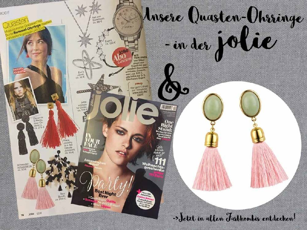SchwesterSchwester Quasten Ohrringe als Ohrstecker in Jadeoptik mit rosafarbener Quaste von AmuseToi Tiefpreis