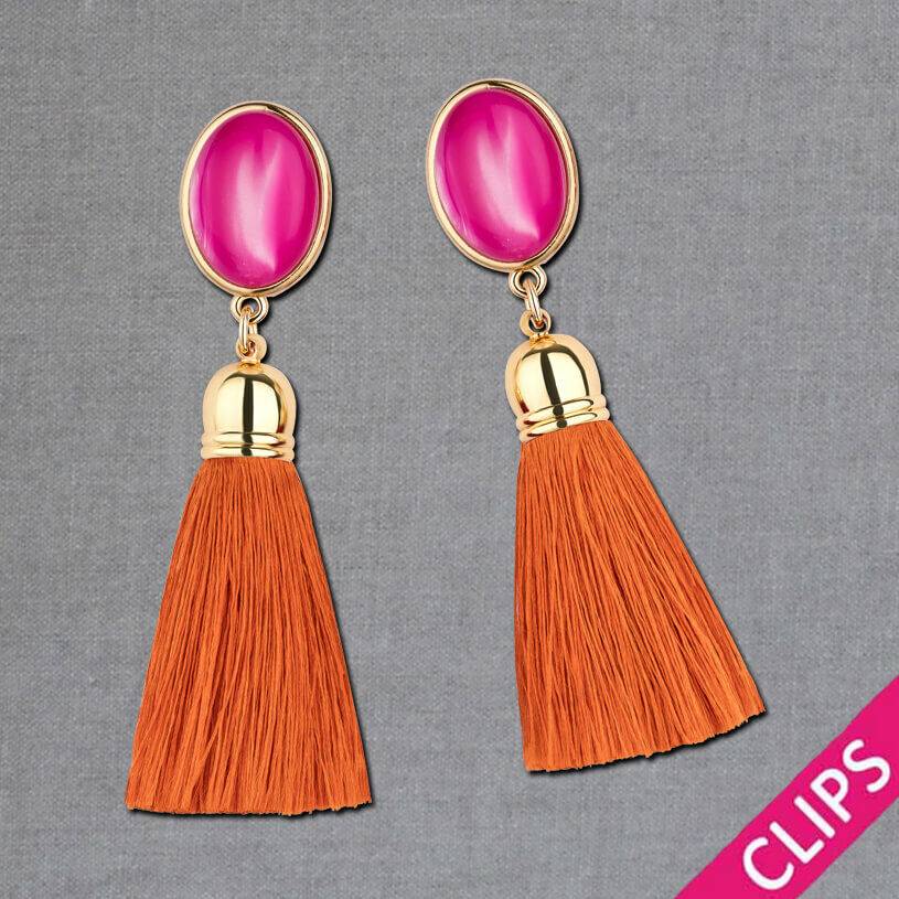 SchwesterSchwester Vergoldete Ohrclips in Pink mit Quaste in Rostorange von AmuseToi Im Verkauf