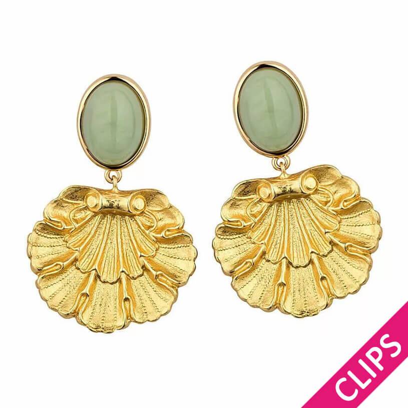 SchwesterSchwester Vergoldete Ohrclips in Jadegrün mit goldenem Muschelornament von AmuseToi 50% Rabatt für begrenzte Zeit