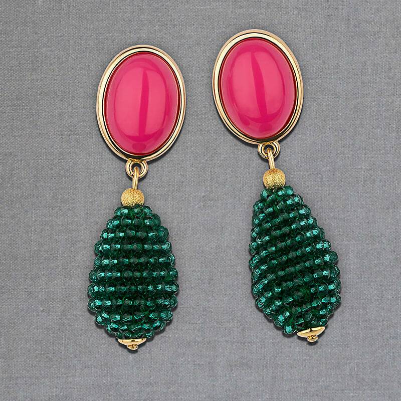 SchwesterSchwester Pinkfarbene Ohrstecker mit glitzerndem dunkelgrünen Tropfen von AmuseToi Letzte 2 Tage