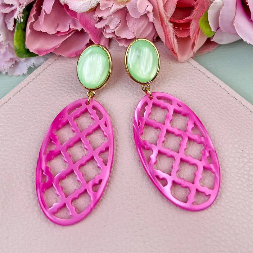 SchwesterSchwester Vergoldete Ohrstecker in wunderschönem Hellgrün mit Oval in Pink im Marrakesch-Stil Kostenloser Versand