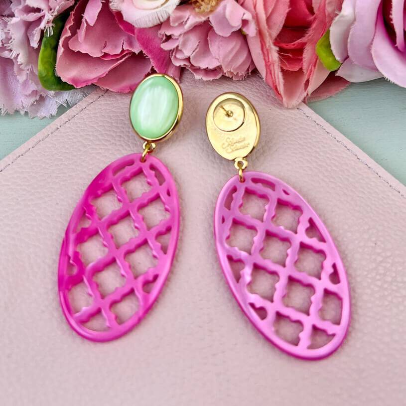 SchwesterSchwester Vergoldete Ohrstecker in wunderschönem Hellgrün mit Oval in Pink im Marrakesch-Stil Kostenloser Versand