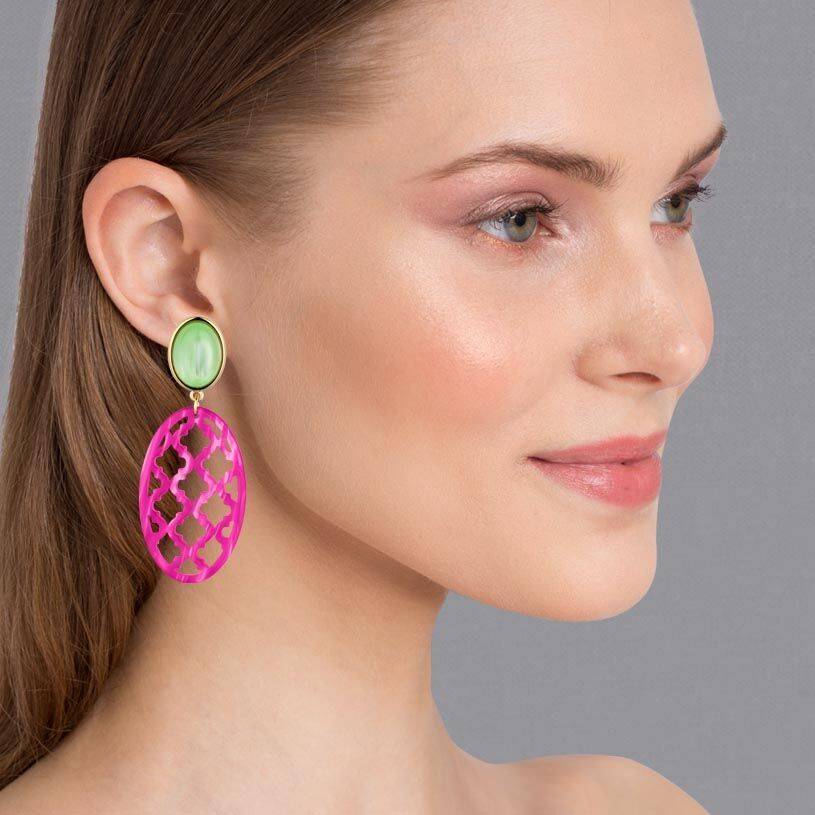 SchwesterSchwester Vergoldete Ohrstecker in wunderschönem Hellgrün mit Oval in Pink im Marrakesch-Stil Kostenloser Versand