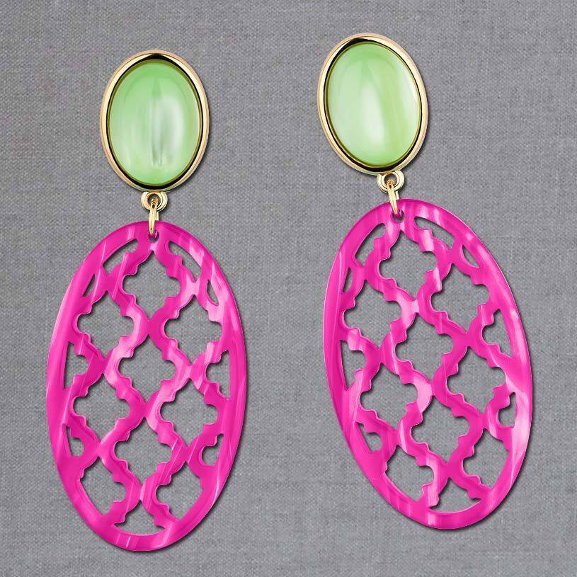 SchwesterSchwester Vergoldete Ohrstecker in wunderschönem Hellgrün mit Oval in Pink im Marrakesch-Stil Kostenloser Versand