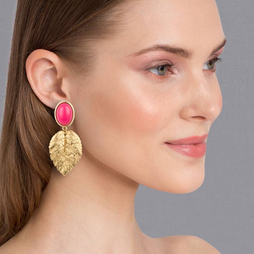 SchwesterSchwester Pinkfarbener Ohrstecker mit vergoldeten Blatt von AmuseToi Kauf eins, bekomm eins gratis