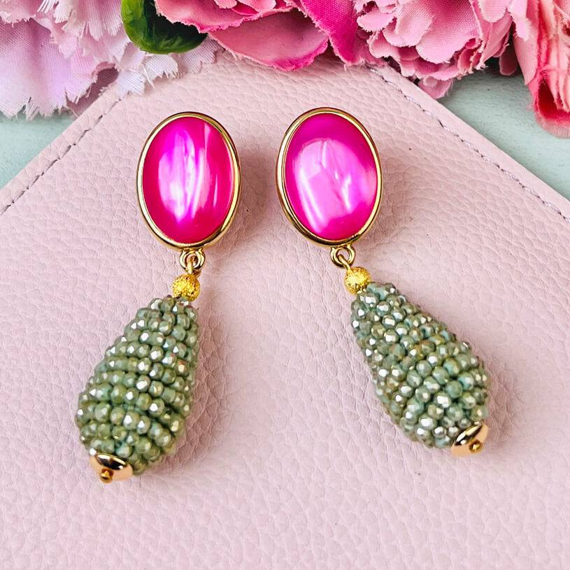 SchwesterSchwester Set aus pink-grünen Tropfen-Ohrringen und Satin-Haarreif in Hellgrün Heißer Verkauf